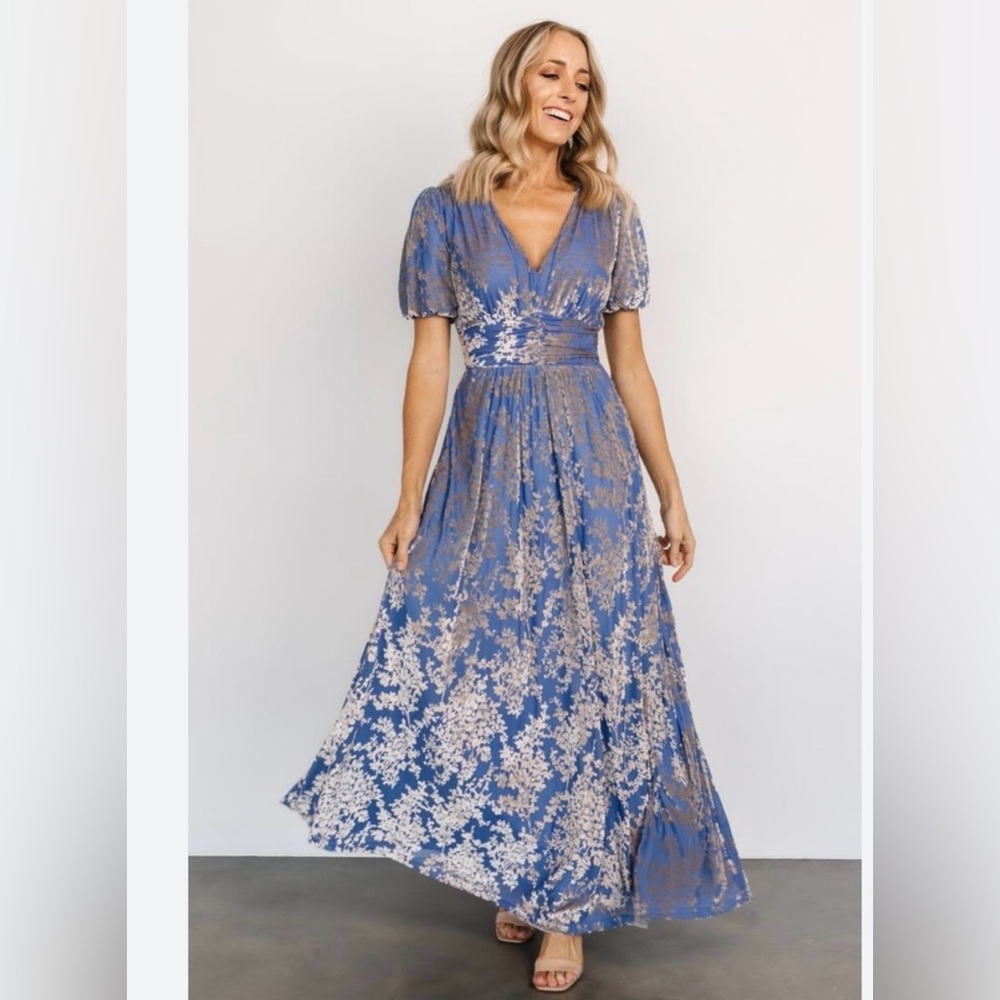 Balticborn Women Dress Size M Elegant Blue And Gold Floral Maxi Wedding Guest